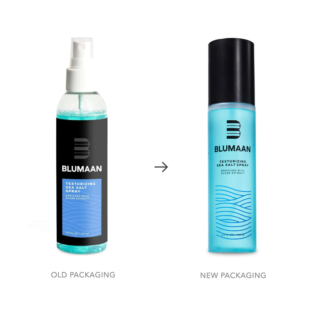 Comparison of Blumaan hair spray bottles with old and new packaging designs on a white background.