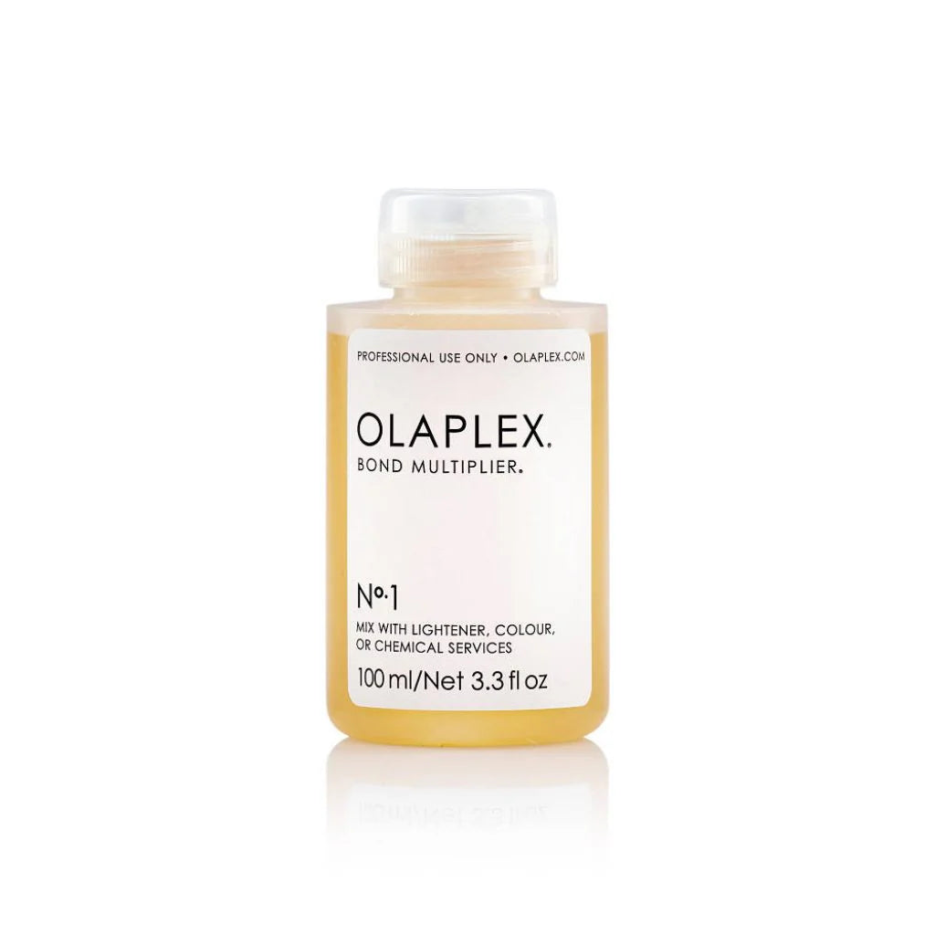 Olaplex No.1 Bond Multiplier bottle for repairing damaged hair, strengthening hair bonds, and preventing breakage. Ideal for color-treated and chemically processed hair