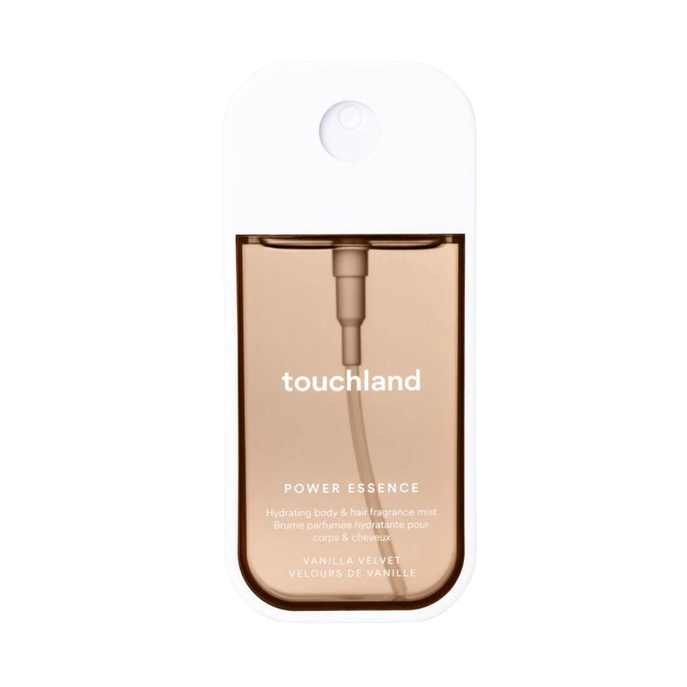 Touchland Vanilla Velvet Body & Hair Fragrance Mist with rich vanilla scent for skin and hair hydration. Vegan, cruelty-free, and moisturizing fragrance mist for daily use.