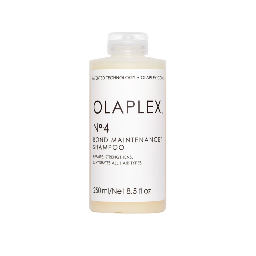 Olaplex No. 4 Bond Maintenance Shampoo bottle for repairing and strengthening damaged, color-treated hair. Sulfate-free formula for all hair types, adding shine and reducing breakage.